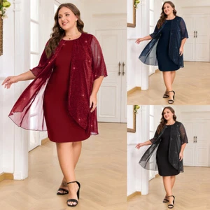 Plus Size Womens 3/4 Sleeve Mesh Sheer Bodycon Dress Round Neck Evening Dress UK - Picture 1 of 26