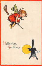 1913 sgd. Brundage Girl Witch on Broom & Black Cat Halloween Greetings post card