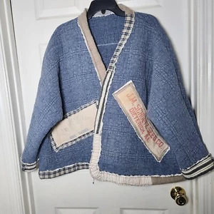 Handmade blue and tan quilt coat with vintage Reliable feed sack OS - Picture 1 of 10