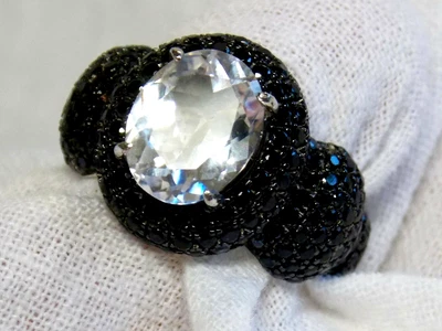 Black Spinel Lab Created White Sapphire Size 6 Ring 925 Sterling Silver USA Made - Image 1 of 4