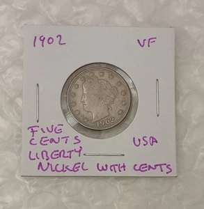 USA 5 Cents~ Liberty V Nickel 1902~* VF~ With Cents - Picture 1 of 6