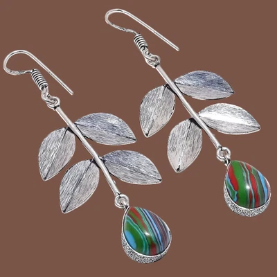Rainbow Calsilica Gemstone 925 Sterling Silver Earring 2.8" E825 - Image 1 of 4