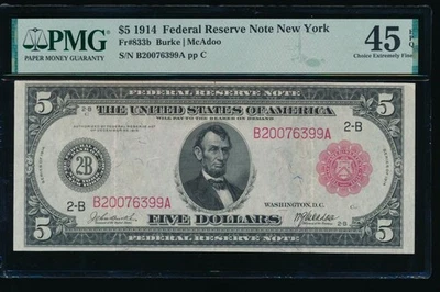 AC Fr 833b 1914 $5 New York FRN red seal PMG 45 EPQ - Image 1 of 2