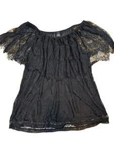 Women's 2 Pc XL Lined Lace Short Sleeve Blouse With Elle Lace Strap Cami Black - Picture 1 of 9