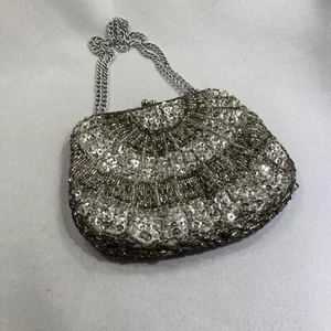 Vintage Silver Evening Bag Sequined & Beading Made In Hong Kong - Picture 1 of 9