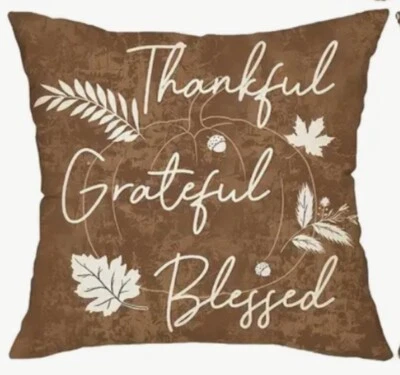 Thankful Grateful Fall Pumpkin Linen Throw Pillow Cover Holiday Home Decor 18” - Image 1 of 3