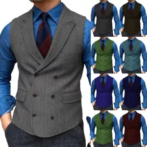 Mens Tweed Waistcoat Western Vintage Wool Workwear Business Vests M LXL XXL 3XL - Picture 1 of 17