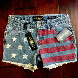 Lucky Brand Frayed Cut off Jean Shorts GIRLS Size 12 Patriotic Star & Stripe NWT - Picture 1 of 6