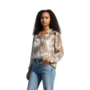 Blusa de Higo y Flor Talla L Blanca Beige Marrón Estampado Floral Paisley Con Botones - Imagen 1 de 11