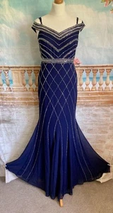 NEW Dress 8 Navy Blue Silver Beaded Sequin Fishtail Goddiva Ballgown Deco 20's - Picture 1 of 7