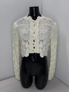 Farm Rio Womens Cardigan Sweater Off White Size XS Mixed Lace Stitch Cropped - Picture 1 of 12