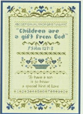 Cross stitch Canterbury Designs Hearts Psalm 127:3 Blue Roses Vintage — 第 1/4 张图片