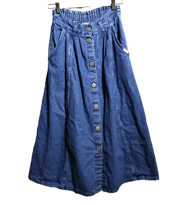 Falda midi de mezclilla azul Cherokee de colección bolsillos con botones años 90 mamá talla 8 pradera granja Foto 1 de 4