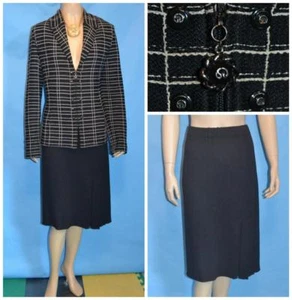 St John Collection Black Cream Jacket Skirt L 12 14 2pc Suit Plaid Buttons - Picture 1 of 11