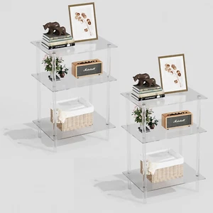 Acrylic Glass Side Tables with 3 Shelve End Table Bedside Set of 2, Simplicity N - Picture 1 of 8