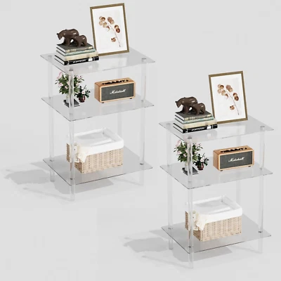Acrylic Glass Side Tables with 3 Shelve End Table Bedside Set of 2, Simplicity N - Image 1 of 4