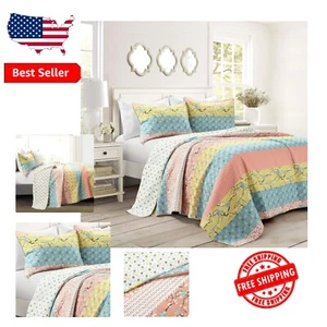 Vibrant Royal Empire 3 Piece Quilt Set - Striped & Floral Patterns in Blue Coral - Picture 1 of 9