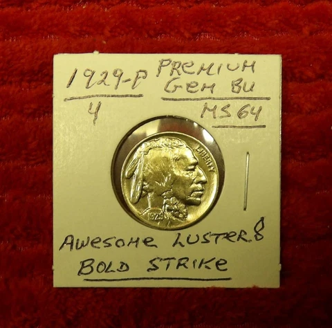 1929-P Buffalo Nickel,Beautiful LUSTROUS (PREMIUM GEM BRILLIANT UNCIRCULATED,#4 Cover