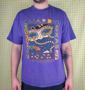 Vintage 90er New Orleans Karneval Feier Fat Tuesday lila Grafik T-Shirt XL - Bild 1 von 5