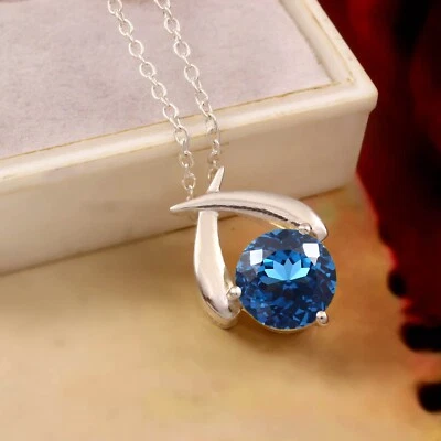 Pendente In Argento Sterling 925 Con Tormalina Blu Regalo Di Fidanzamento - Immagine 1 di 4