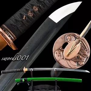 Damascus Folded Steel Blade Japanese Samurai Katana Sword Dark Green Saya Sharp - Picture 1 of 20