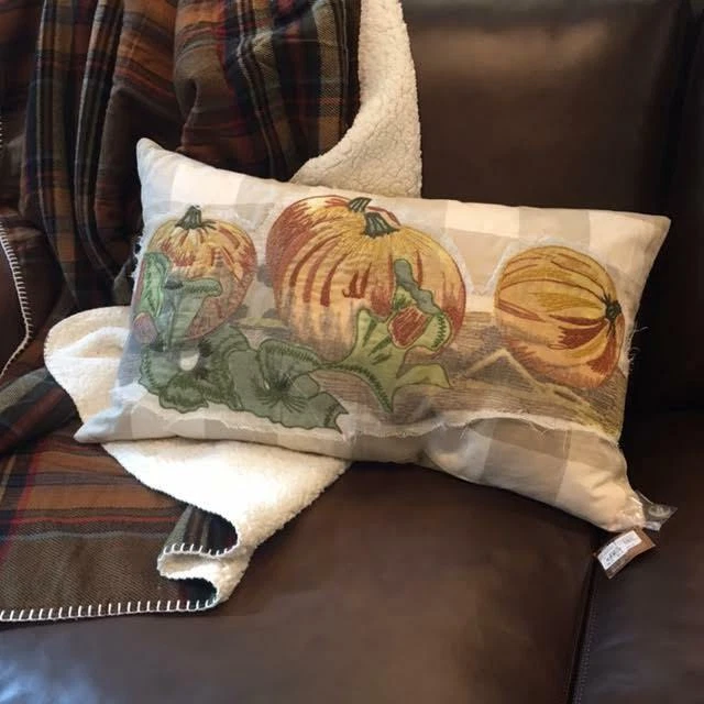 POTTERY BARN Embroider PUMPKIN Patch Checker LUMBAR PILLOW Cover Thanksgving - Image 1 of 1