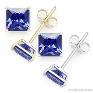Princess Cut Simulated Sapphire CZ Crystal Stud Earrings in .925 Sterling Silver - Picture 1 of 3
