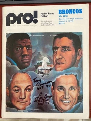 Lou Groza y Tony Canadeo ¡Pro firmados a mano! Revista de fútbol 1974 Foto 1 de 3