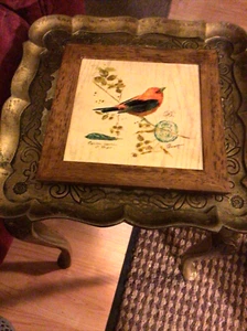 Gerahmtes Ölgemälde auf Fliesenblock mit vergoldetem Singvogel - Bild 1 von 6