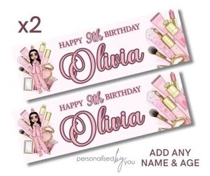 2x Personalised MAKEUP Banners Lipstick Blush Large 900x300 Add Name Age BLACK - Picture 1 of 1