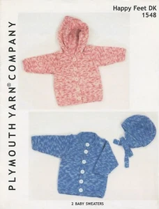 Plymouth Knitting Pattern 1548 Happy Feet DK 2 Baby Sweaters & Cap - 20"-26" - Picture 1 of 2