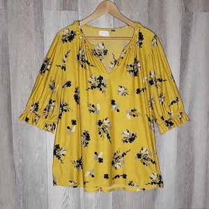 Melloday Anthropologie donna 2X blusa floreale scollo a V garza volant elasticizzato - Foto 1 di 8