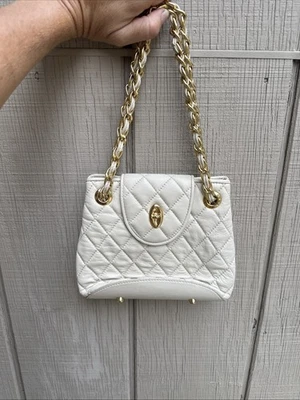 Eric Javits Mini Quilted Bag beige cream, gold hardware footed - Image 1 of 4