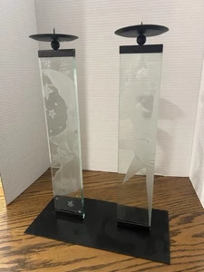 Vintage 90er himmlisches Paar Kerzenhalter Sonne & Mond geätzt Glas 15" hoch - Bild 1 von 7