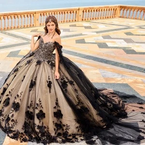 Black Champagne Quinceanera Dress Ball Gown 3D Floral Applique Beaded With Cape - Picture 1 of 35