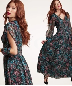 ModCloth Loop Twirl & Arch Maxikleid S dunkel Blumen Tulpe Schlitz Ärmel Whimsigoth - Bild 1 von 7
