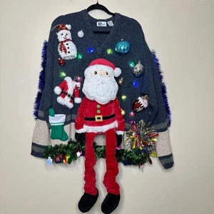 Ugly Christmas Sweater Santa LIGHTS UP Tacky Lametta Xmas Party Winner Gr. XL - Bild 1 von 5