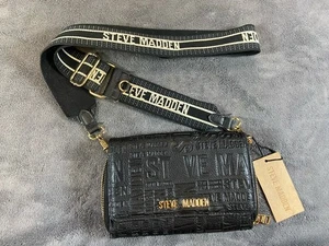 New Steve Madden Blaurie Black Embossed Logo Crossbody Wallet With Guitar Strap - Picture 1 of 8