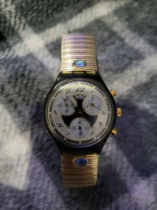 Swatch Chronograph Swiss Made Uhr 1993 schwarz gold Stretchband gebraucht - Bild 1 von 10