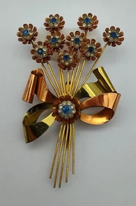 Vtg Large Flower Spray Bouquet Bow Blue Clear Rhinestone Gold Tone Pin Brooch - Picture 1 of 8