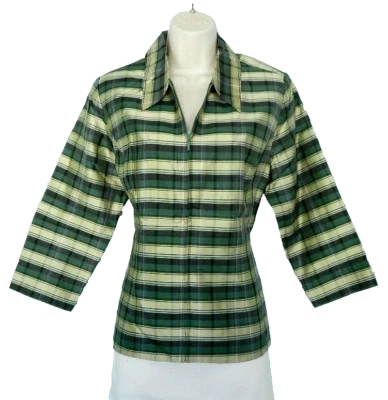 De colección. Chaqueta ligera SILKLAND de seda cruda verde forrada a cuadros manga 3/4 años 2000 M Foto 1 de 4