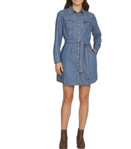 NWT Denim Shirtdress Belted Waist Snap Front Dress | Blue | XS - Picture 1 of 3