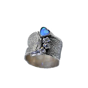 Shablool Israel Blue Heart Opal Ring Didae 15mm Band 925 Sterling Silver Size 8