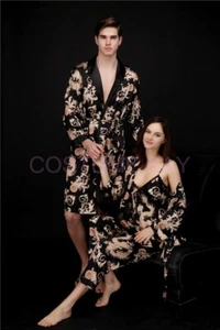 Womens Mens Satin Dressing Gown Robe Sleepwear Pyjamas Couple Set Lounge Pajamas - Bild 1 von 22