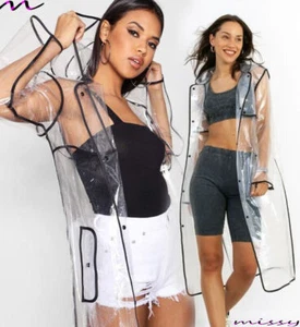 UK New Women's Ladies LONG Transparent Clear Black Waterproof Raincoat Rain SIZE - Picture 1 of 9