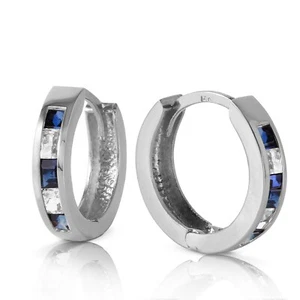 1.26 Carat 14K Solid White Gold Hoop Earrings Natural Sapphire White Topaz - Picture 1 of 5