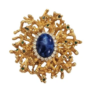 Vergoldet goldfarben Brutalist Faux Lapis grün klar Strass Brosche Anhänger K849 - Bild 1 von 10