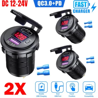 2PC Rojo 12V QC3.0 Doble USB Coche Cargador Rápido Enchufes LED Voltímetro Impermeable CALIENTE Foto 1 de 4
