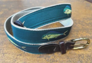 Barrons Hunter Mens size 46 Green Belt Mahi Dolphin Fish Leather Canvas USA - Picture 1 of 6