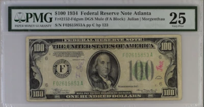 1934 FEDERAL Reserve NOTE ATLANTA 25 very fine FR# 2152-FDGSM DGS MULE FA BLOCK  - Image 1 of 2